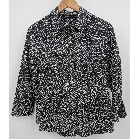 MG Silk Collection Black White Animal Print Button Down Blouse Large 100% Silk - Picture 1 of 3